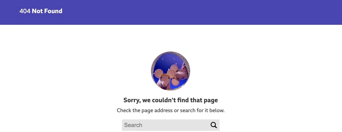 A 404 page not found error on a website, with a friendly message and a search box to help visitors find another page
