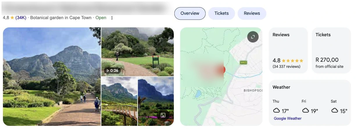 A Google Business Profile for a local attraction showing its star rating, photos, map, reviews, ticket price and weather