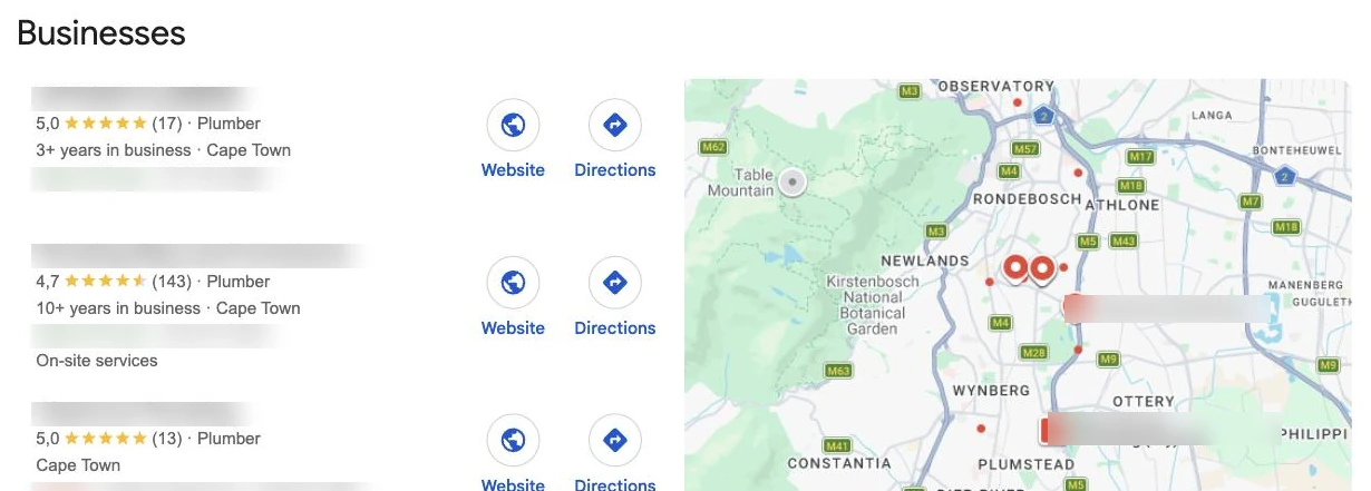 Google map pack for a plumber search in Cape Town, with three local business listings, star ratings and a map of pins