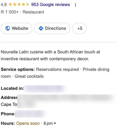 A Google Business Profile for a restaurant showing its rating, reviews, address, phone and opening hours for customers